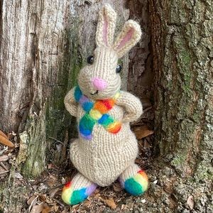 Hand crafted knit and needle felted rainbow pride love is love bunny artisan